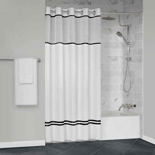 Protect360° Satin Ribbon Shower Curtain, Snap-in Liner, Hook Free, Antimicrobial, 71x77, White/Black